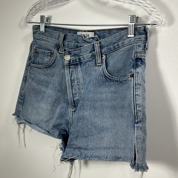 AGOLDE criss cross button fly denim shorts raw hem size 23 - Picture 2 of 14